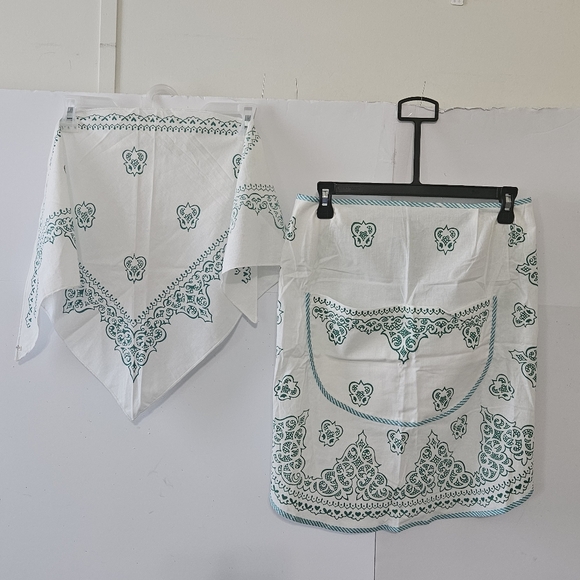 VTG Cotton Kitchen Apron & Bandana Set Blue Green Teal Swirled Design Pattern. - Picture 12 of 16